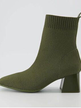 Knit Sock Ankle Bootie in Olive with Block Heel
